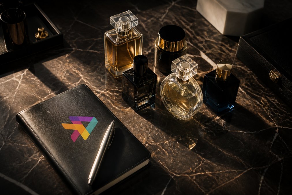 Elegant flat lay of luxury perfume bottles on a marble surface with soft natural light, a leather notebook and silver pen resting nearby, suggesting a professional's desk