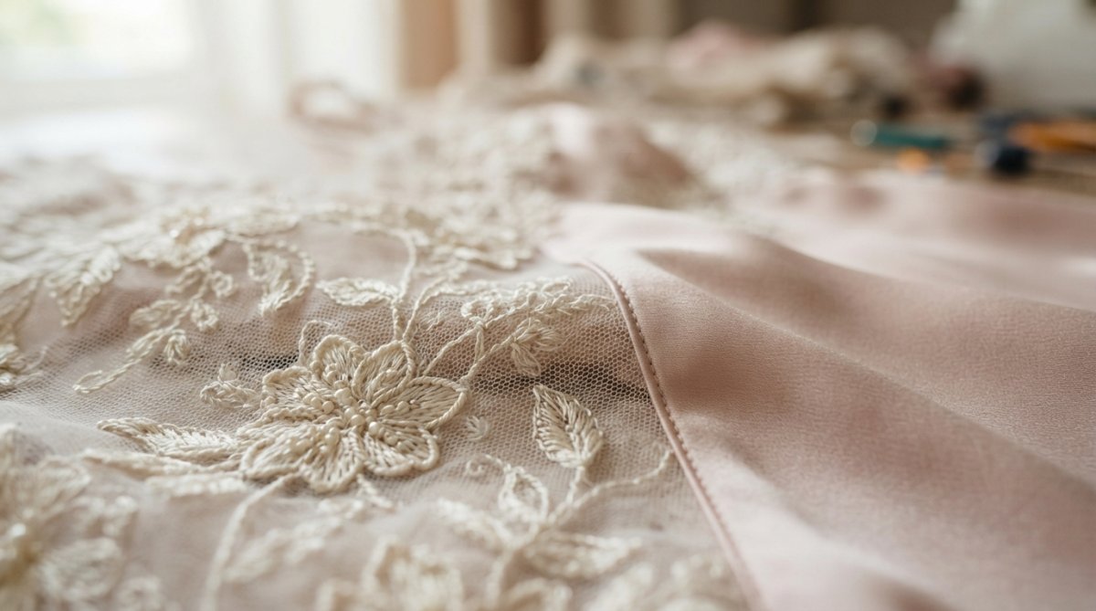Close-up of delicate embroidered lace and silk fabric showing intricate hand-stitched floral patterns and fine weaving detail under soft natural light