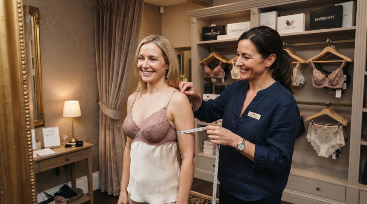 Woman receiving expert bra fitting consultation in a boutique fitting room, both consultant and client smiling, surrounded by displays of luxury lingerie brands