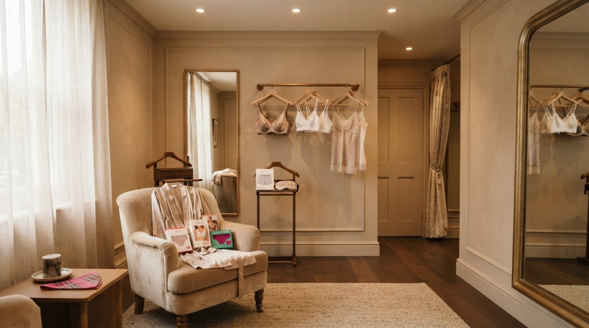 Warm, inviting boutique fitting room with soft ambient lighting, elegant full-length mirrors, plush seating, and carefully displayed luxury lingerie collections in neutral tones, conveying a welcoming and non-judgmental atmosphere