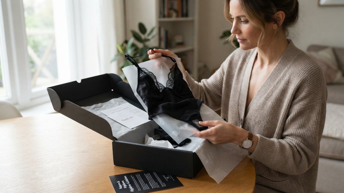 Woman carefully unboxing a luxury lingerie package with protective packaging materials and sanitary seals visible, showing proper handling of delicate intimate apparel in natural home lighting