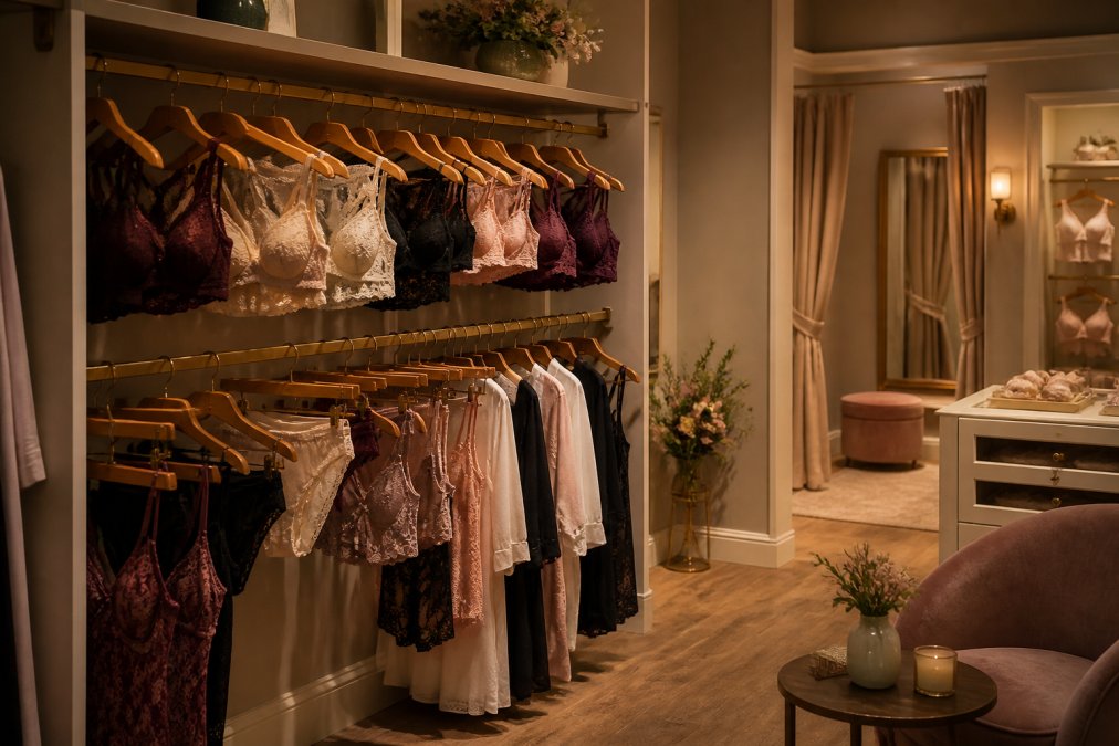 Warm boutique interior with luxury lingerie displayed on wooden rails, soft ambient lighting, plush seating and a private fitting area visible in the background