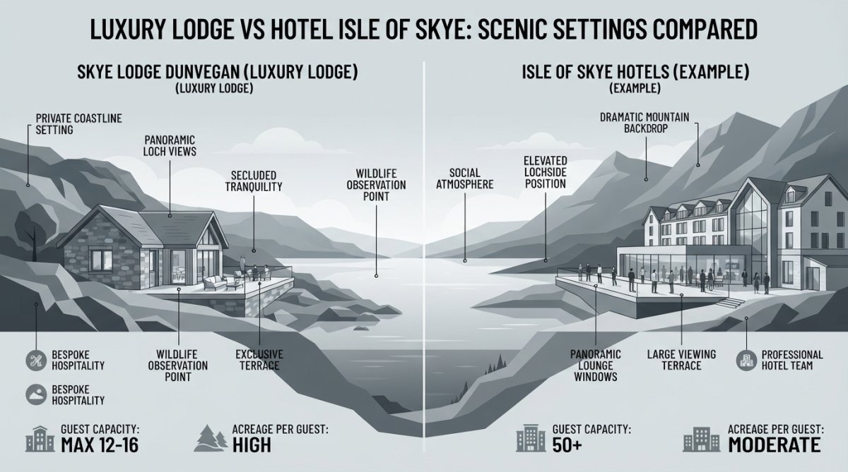Panoramic view of a luxury hotel perched on a Scottish Highland loch with mountains in the background, guests enjoying the scenic landscape from a terrace overlooking the water at golden hour