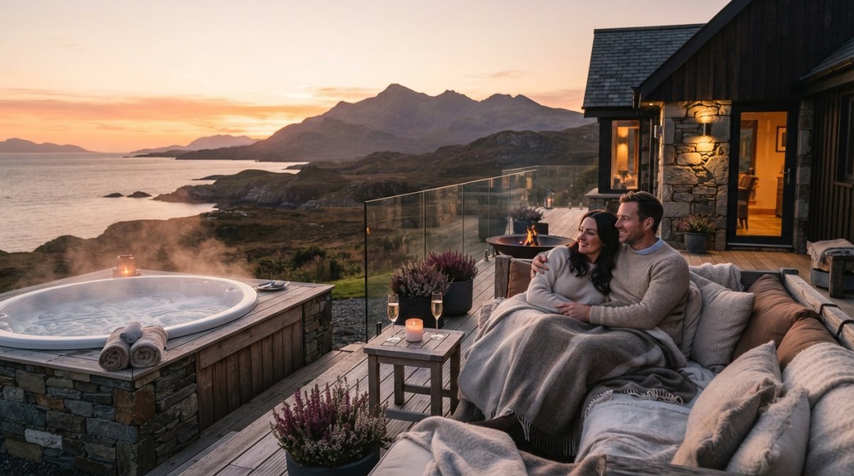 Couple enjoying a peaceful moment on a private terrace overlooking coastal highlands at sunset, with hot tub and seating area visible