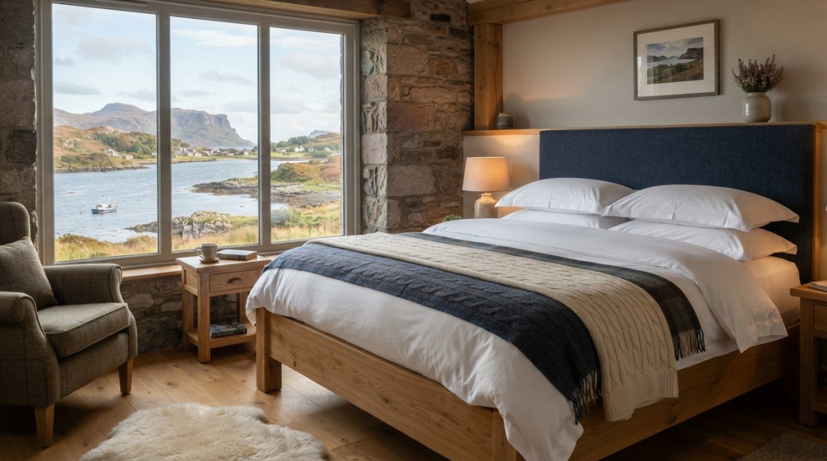 Luxurious ensuite bedroom with handmade bed, soft natural lighting from large windows, loch views of Dunvegan coastline visible through glass