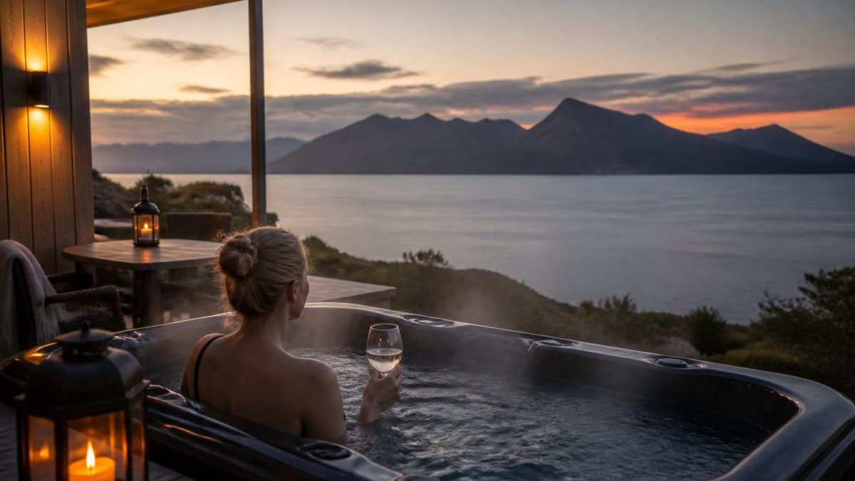 Outdoor hot tub overlooking the sea and Cuillin mountains at dusk on the Isle of Skye, with warm steam rising from the water and natural Highland landscape in soft evening light