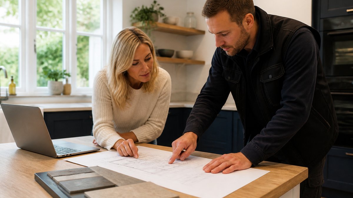 A homeowner and a professional builder in smart workwear reviewing architectural plans on a kitchen table, with natural light coming through a window and a laptop showing a 3D loft design nearby