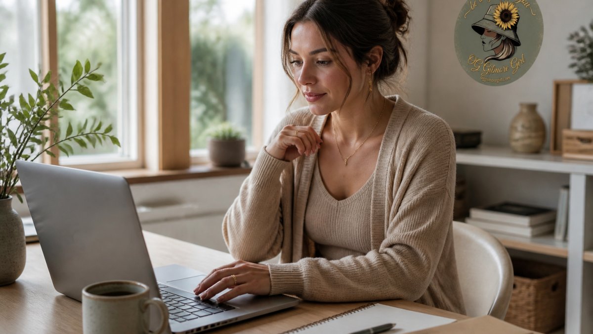 Woman working at a modern home desk wearing a coordinated luxury loungewear set with layered cardigan, styled with minimal gold jewelry and a polished appearance suitable for video calls, natural window lighting