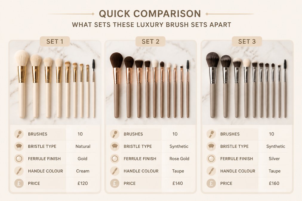 Flat lay of three luxury makeup brush sets displayed side by side on a marble surface, showing different handle colours and ferrule finishes in natural daylight