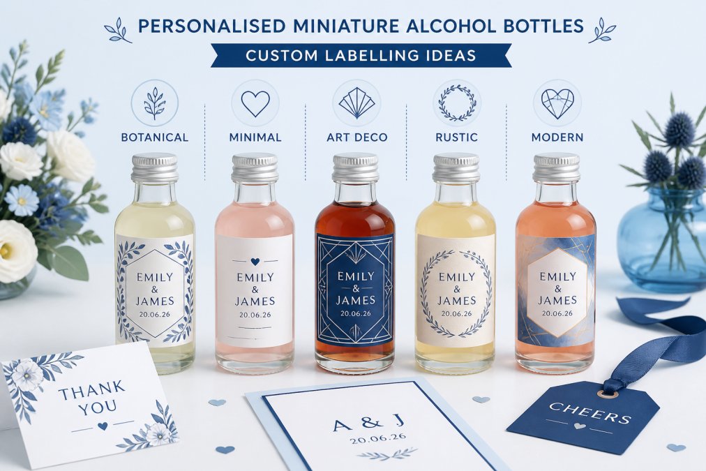 Elegantly designed custom labels on mini cocktail bottles arranged on a white table, showing different wedding theme designs with flowers and wedding stationery nearby