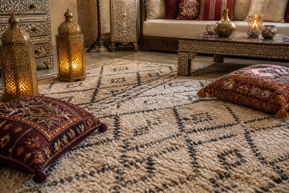 Close-up of a hand-woven Berber rug with geometric diamond patterns displayed in a luxurious living room, layered with embroidered floor cushions and brass lanterns casting warm light