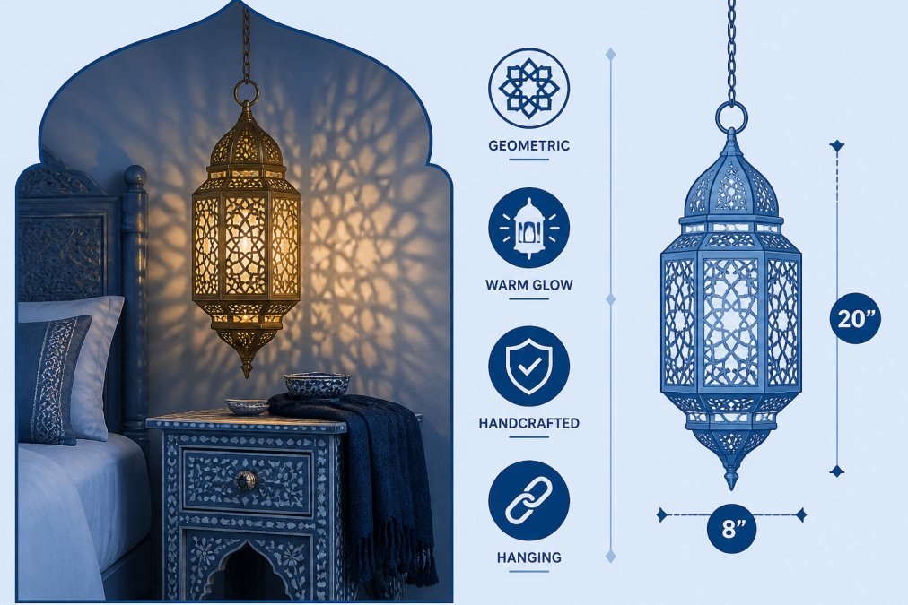 An ornate brass Moroccan lantern with intricate geometric cutouts casting warm, patterned light across a bedroom wall above a carved wooden side table with a dark fabric throw