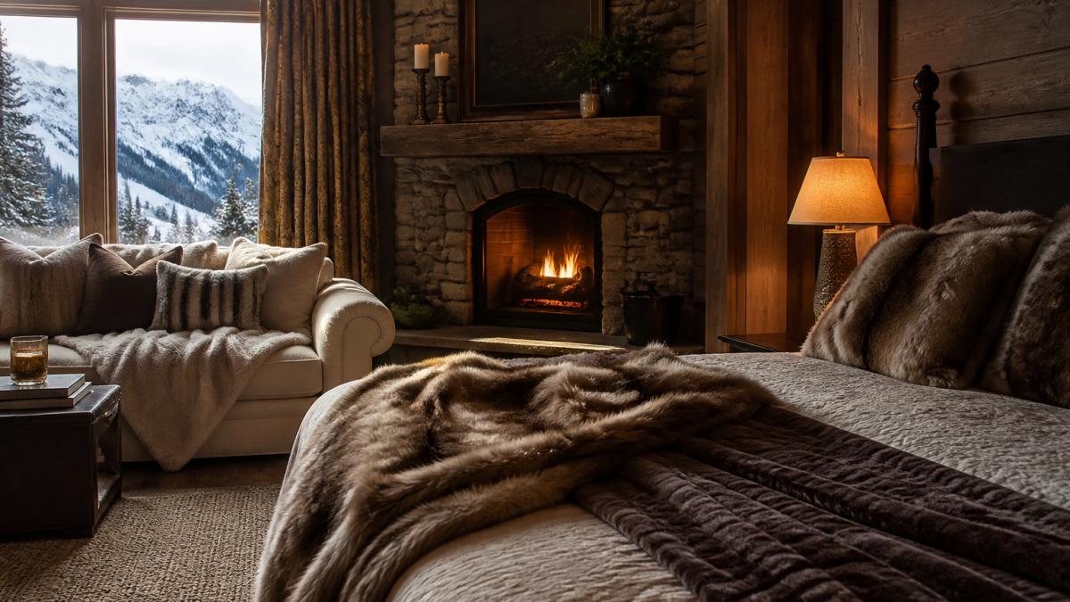 A cozy mountain lodge bedroom with a cream-colored sofa, layered wool blankets, and a stone fireplace in the background. Warm ambient lighting, natural wood accents, and a large window showing a snowy mountain view.