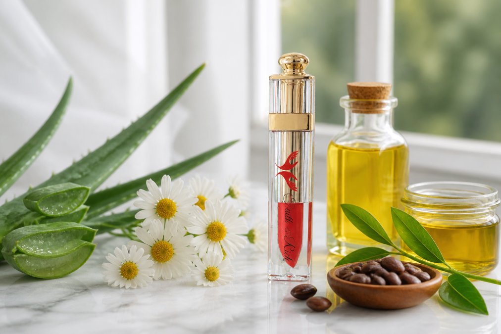 Close-up of natural ingredients including fresh aloe vera leaves, vibrant green tea leaves, delicate chamomile flowers, and golden jojoba oil in glass containers arranged on a clean white marble surface with soft diffused natural window lighting