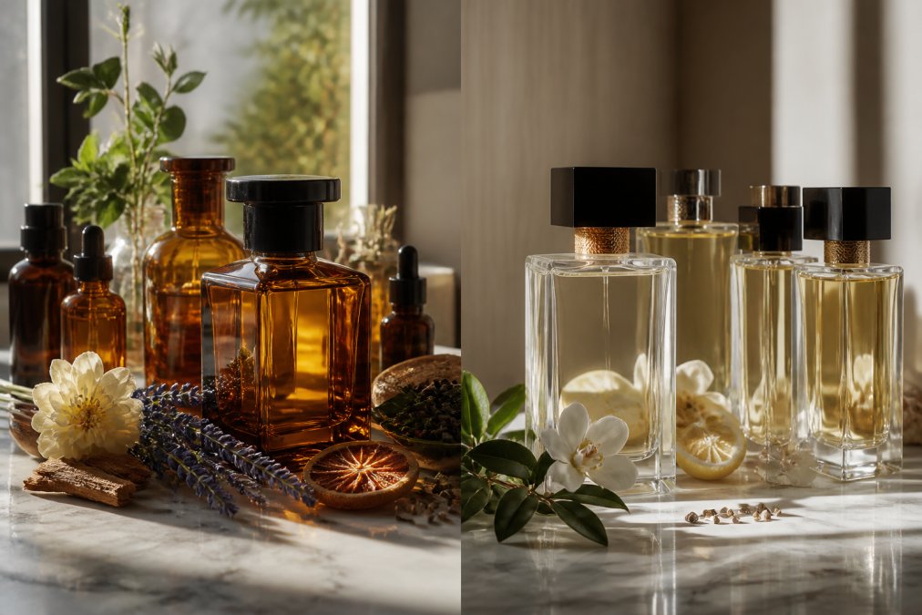 Luxury fragrance bottles in amber and clear glass arranged on marble surface with fresh botanical ingredients, soft natural window lighting highlighting the oils and textures