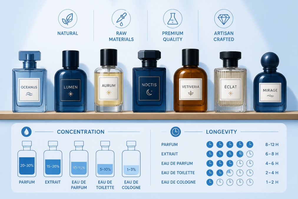 Multiple premium niche fragrance bottles displayed on wooden shelf with varied bottle designs, amber glass, and minimalist labels, soft studio lighting showing glass clarity and label details