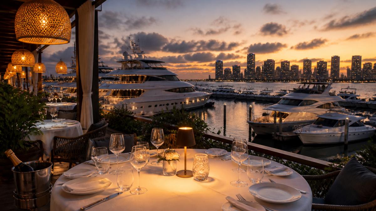 An elegantly set waterfront dining table at dusk with a marina of moored yachts behind it, warm pendant lighting overhead and the Miami skyline glowing in the distance