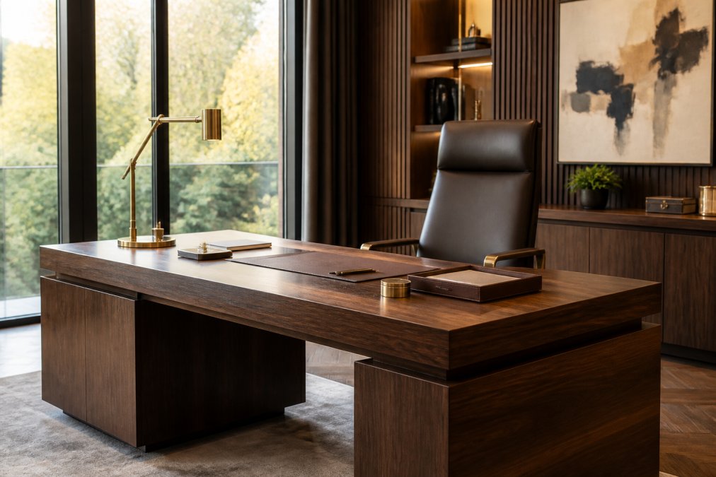 A beautifully styled executive home office featuring a large dark walnut veneer desk with brass accessories and a leather chair positioned in front of floor-to-ceiling windows with warm natural light flooding the room