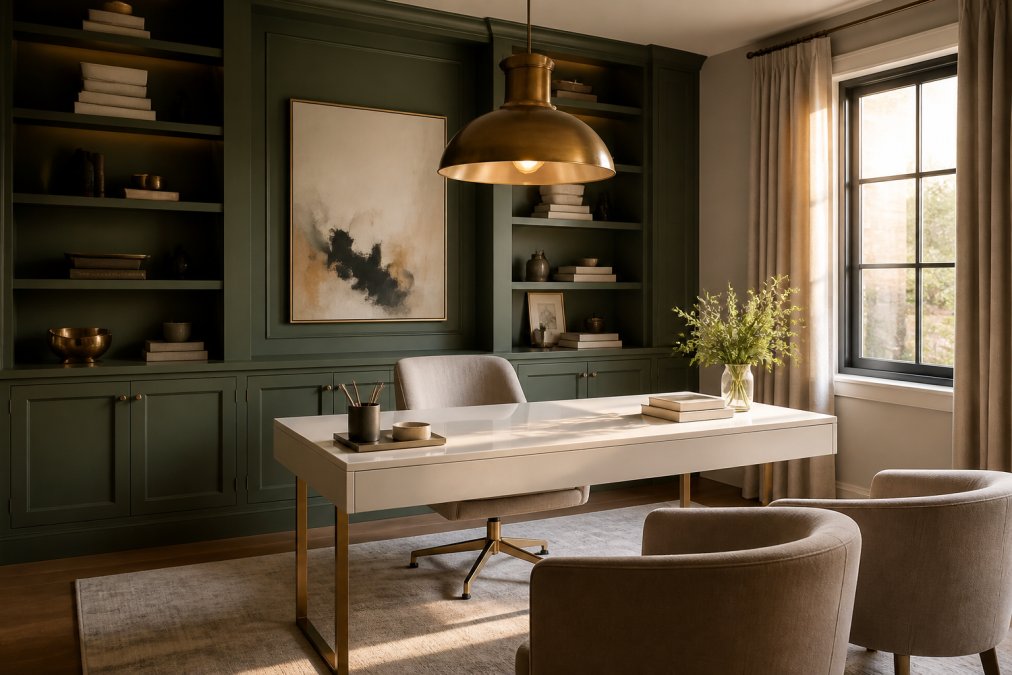 A compact but elegantly designed home office with built-in bespoke shelving painted in deep sage green, a statement brass pendant light above a white lacquer desk, and minimalist accessories arranged on the work surface in warm evening light