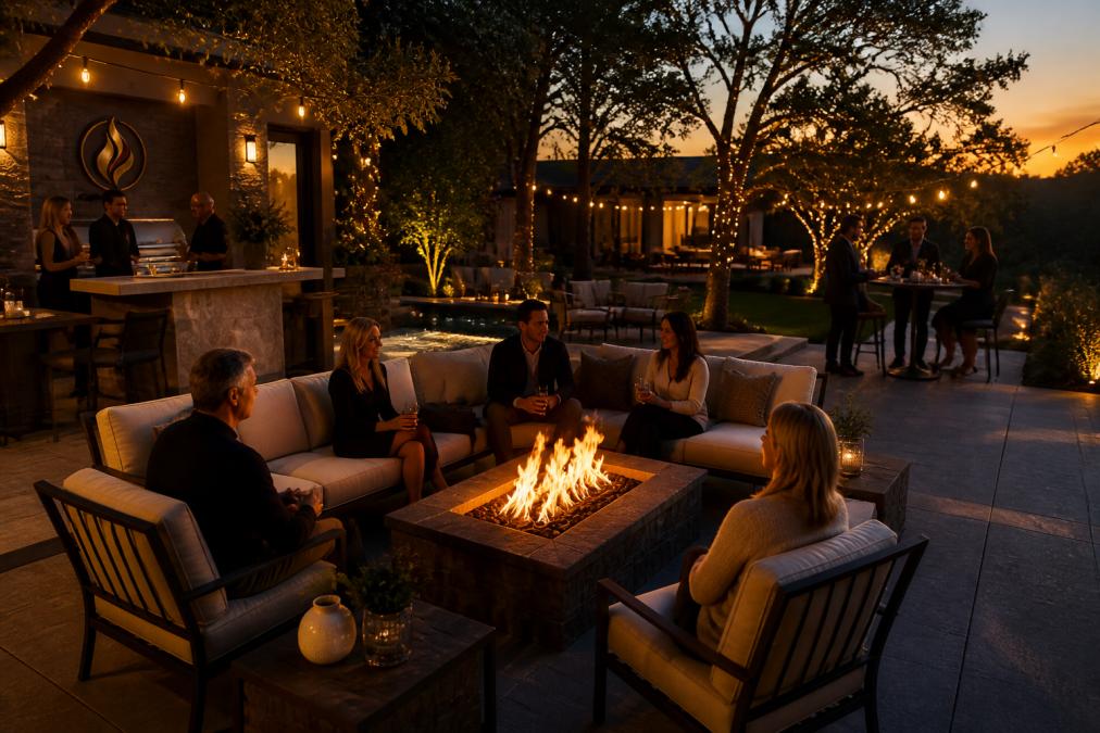 Guests mingling around a fire pit in a luxury outdoor design for entertaining guests at dusk.