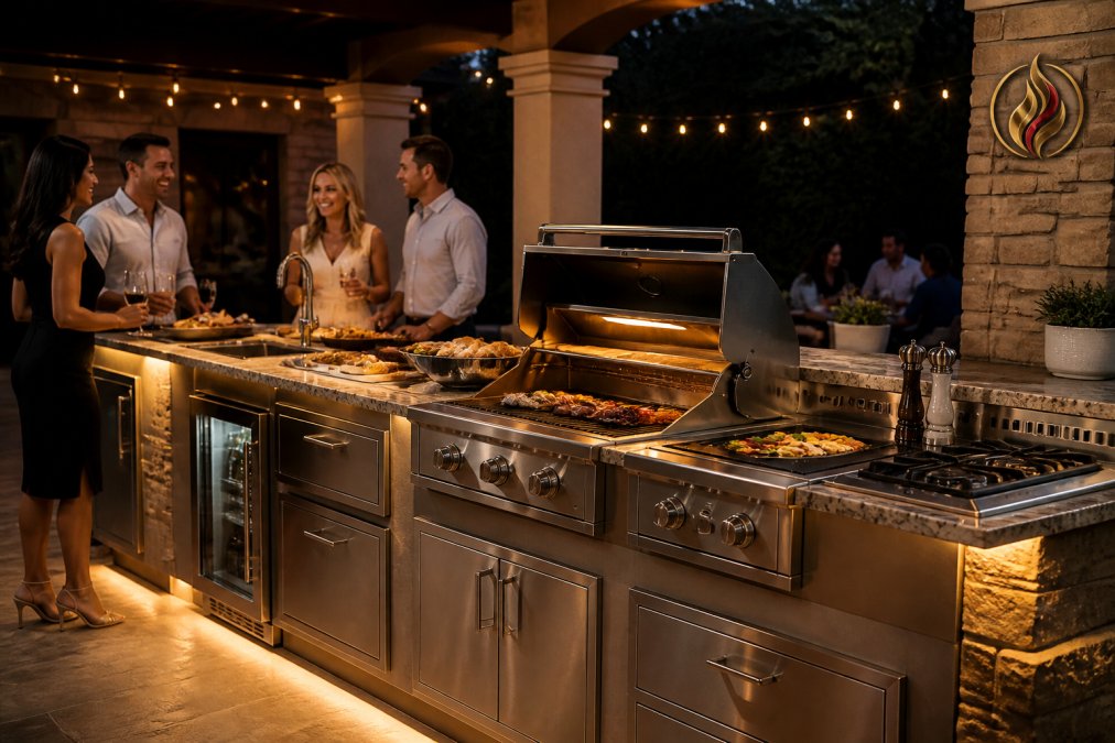 Stainless steel grill and griddle in a luxury outdoor kitchen design with ambient evening lighting for entertaining.