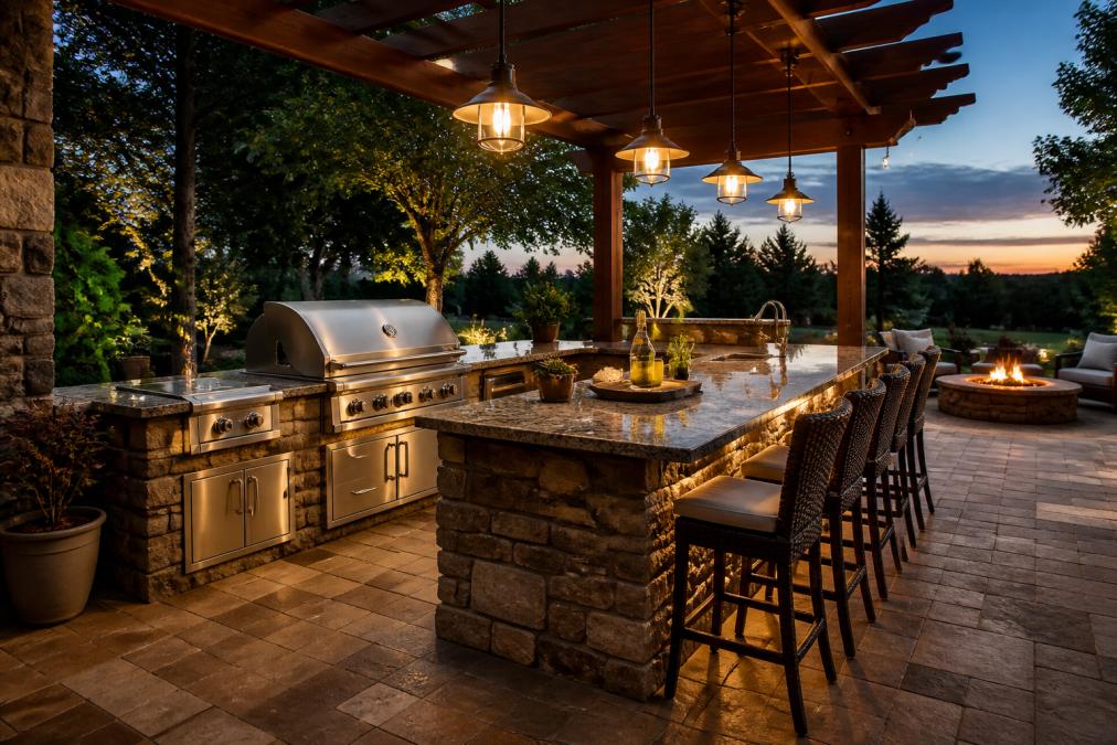 Luxury outdoor kitchen design at dusk with stone island seating and warm pendant lights overlooking a fire pit