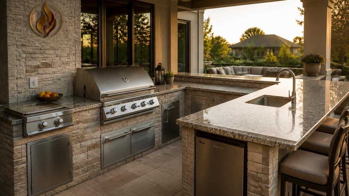Luxurious outdoor kitchen with stainless steel professional grill, granite countertops, integrated seating area, and seamless connection to home's patio in warm afternoon light