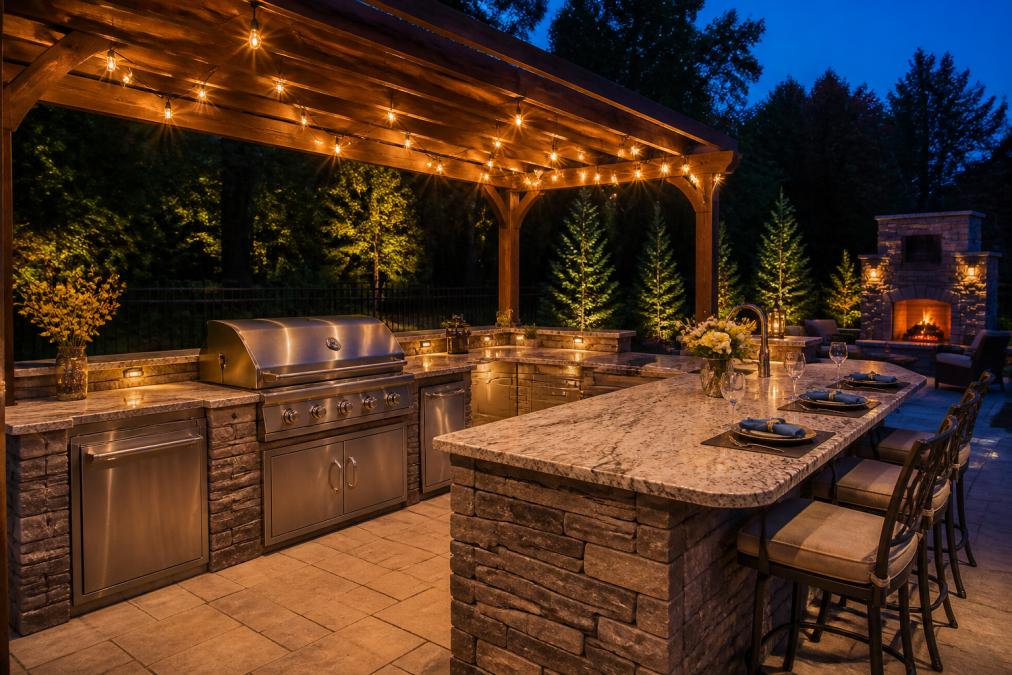 A beautifully appointed outdoor kitchen with custom stone cabinetry, stainless steel built-in appliances, a pergola overhead draped with warm string lights, and a large natural stone countertop set on a wide patio at dusk, with soft ambient lighting illuminating the surrounding seating area