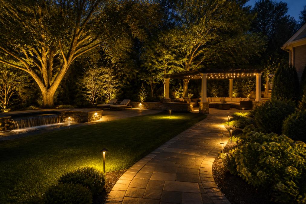 A luxury backyard at night with warm amber uplighting illuminating mature oak trees, low pathway lights lining a curved stone walkway, and a seating area near a water feature bathed in soft ambient light from overhead pergola fixtures
