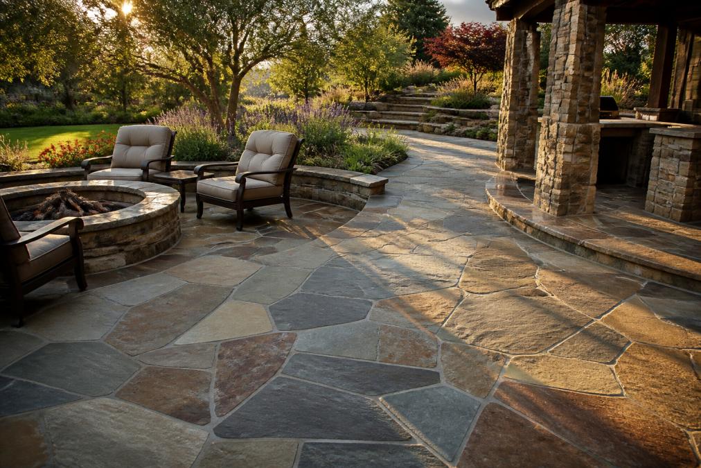 Finished luxury backyard patio with natural stone flagstone laid in organic pattern, warm earth tones, adjacent landscaping and outdoor seating area with late afternoon sunlight casting long shadows