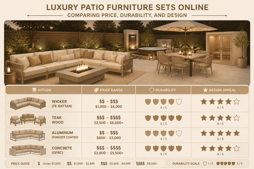 Beautifully styled outdoor patio with premium furniture including a sectional lounge arrangement, fire pit table centerpiece, and dining area in evening light, showcasing how luxury alternatives transform a backyard into an entertaining destination