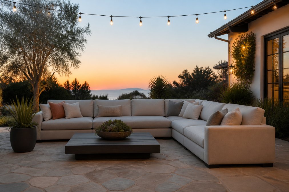 Diagram showing modular layout options for luxury patio furniture on a modern stone patio at dusk.