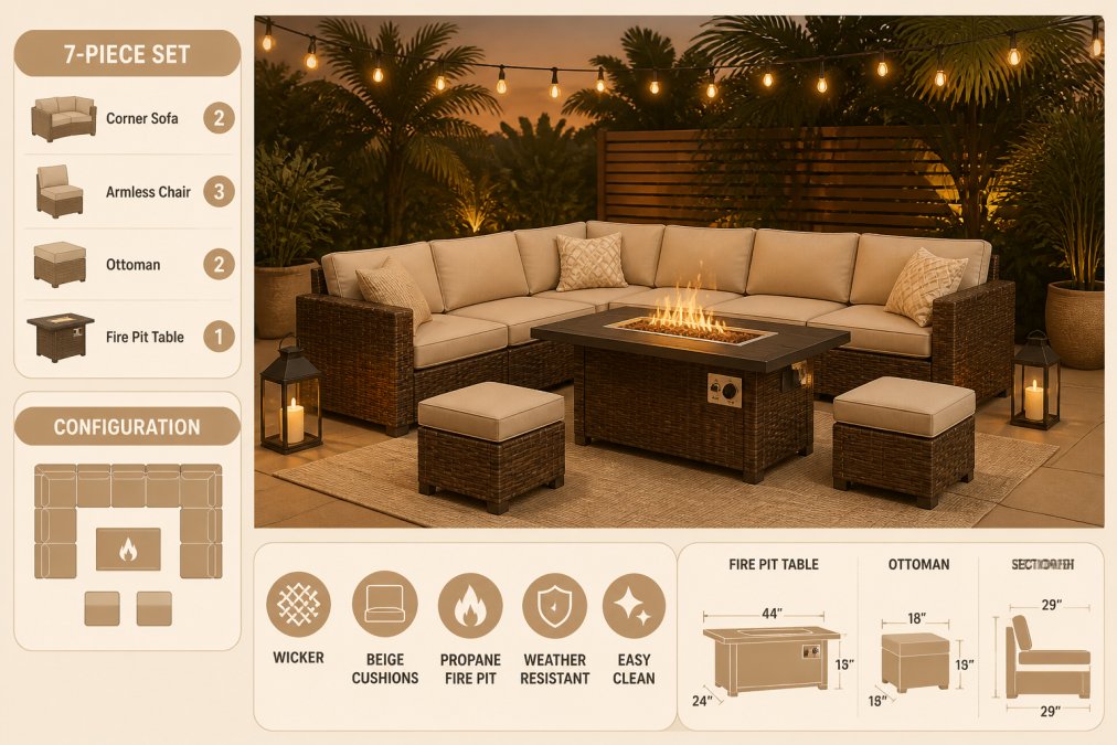 A beautifully styled backyard patio with a 7-piece brown wicker sectional sofa and beige cushions arranged around a propane fire pit table, warm amber evening light, string lights overhead, and lush tropical greenery in the background