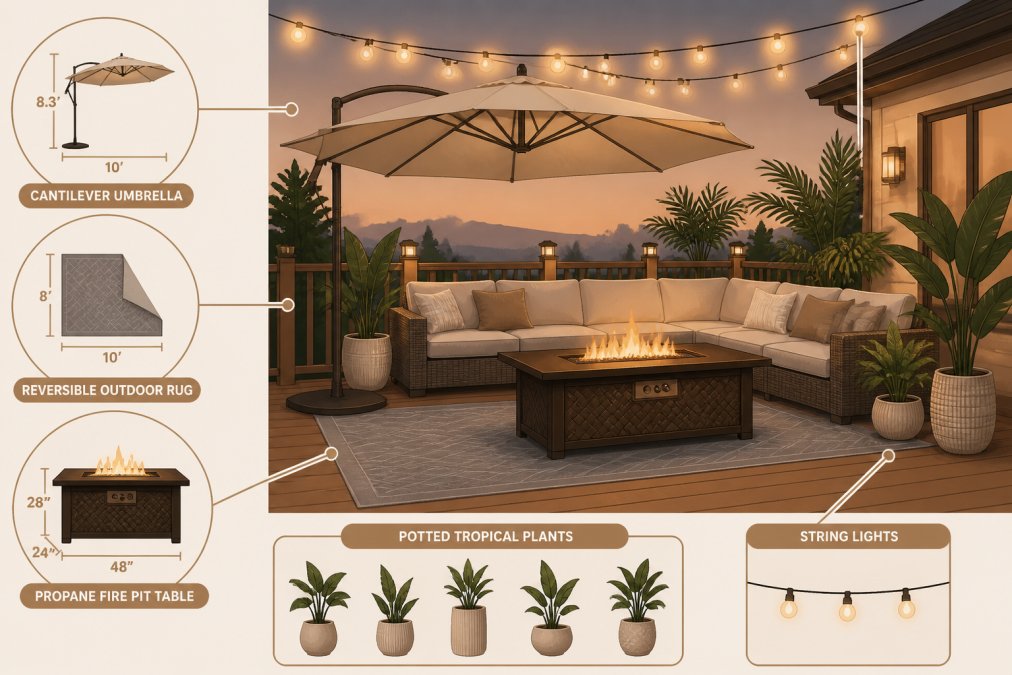 An elegant outdoor deck at dusk featuring a large beige cantilever patio umbrella, a reversible grey outdoor rug, and a propane fire pit table surrounded by potted tropical plants and warm amber string lights overhead
