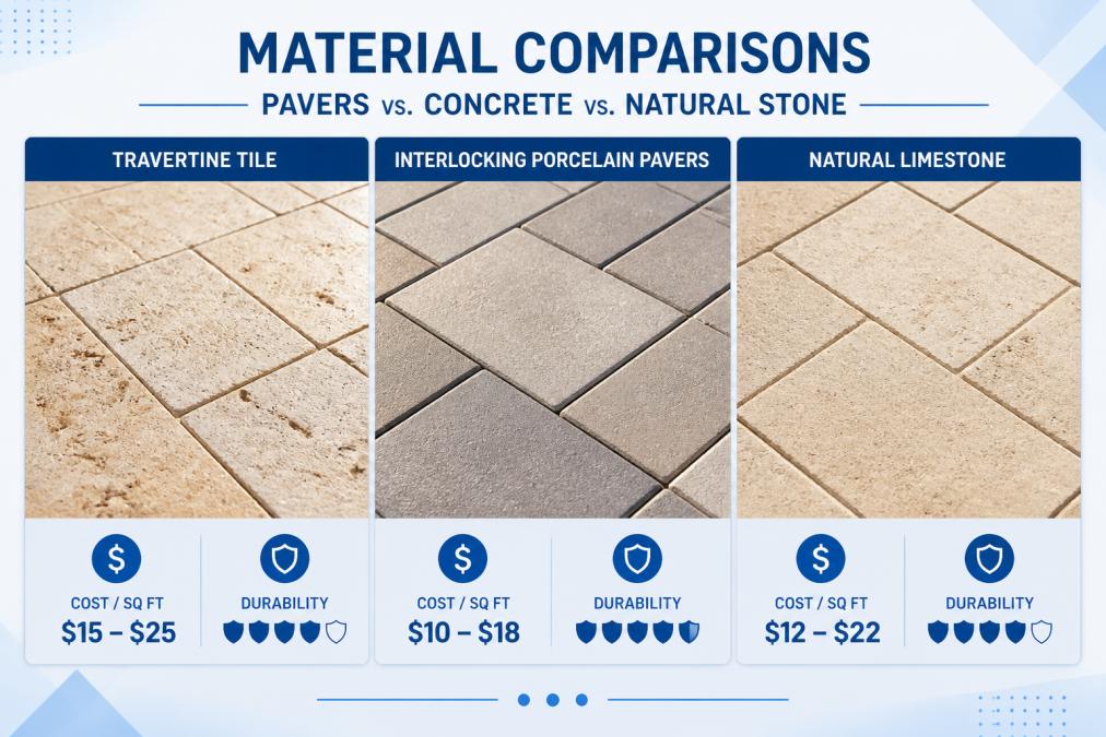 Close-up of three distinct patio surface samples, travertine tile, interlocking porcelain pavers, and natural limestone, arranged side by side in bright sunlight, showing texture depth and subtle color variations in warm tones