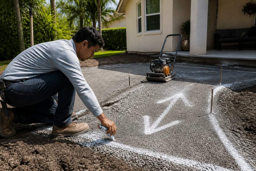 Professional contractor examining and marking a residential backyard during site grading preparation, with visible base aggregate layer being compacted and water flow direction marked, showing slope for drainage