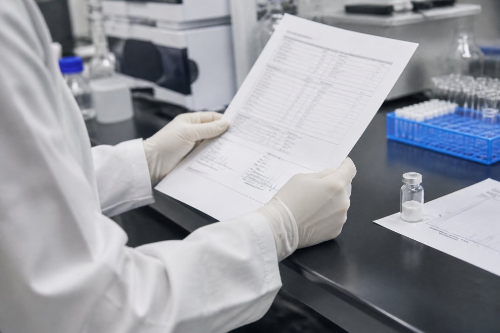 Close-up of a researcher's hands carefully holding a printed certificate of analysis document under bright laboratory lighting, with a sealed peptide vial and HPLC printout visible on a clean workbench