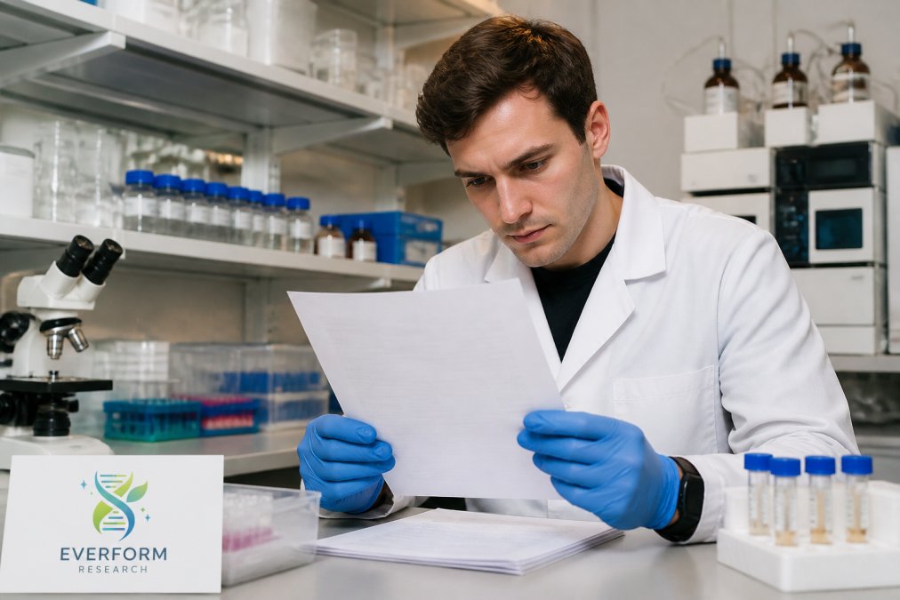 Professional researcher examining a Certificate of Analysis document at a laboratory bench with analytical equipment visible in the background under bright overhead lighting