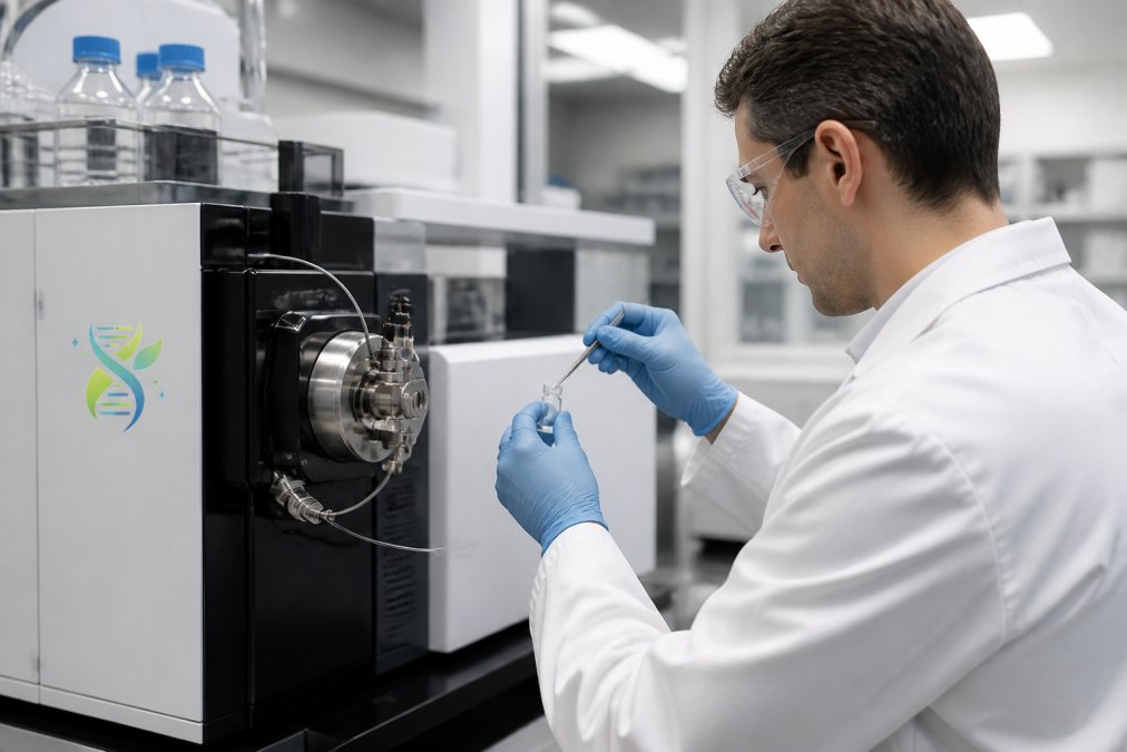 Laboratory technician working with mass spectrometry equipment, handling a sample vial with precision instruments in a modern research facility under controlled lighting