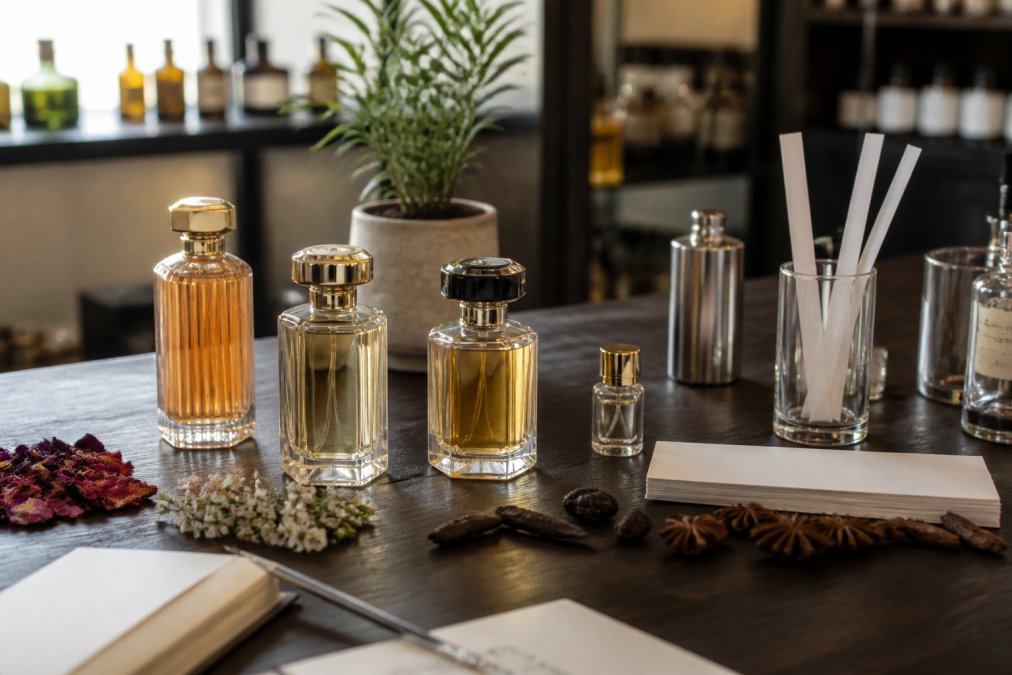 Luxury perfume bottles displayed in different environmental settings, a humid tropical greenhouse with misty glass, a dry desert landscape with sunlight, and a controlled climate-controlled luxury retail environment