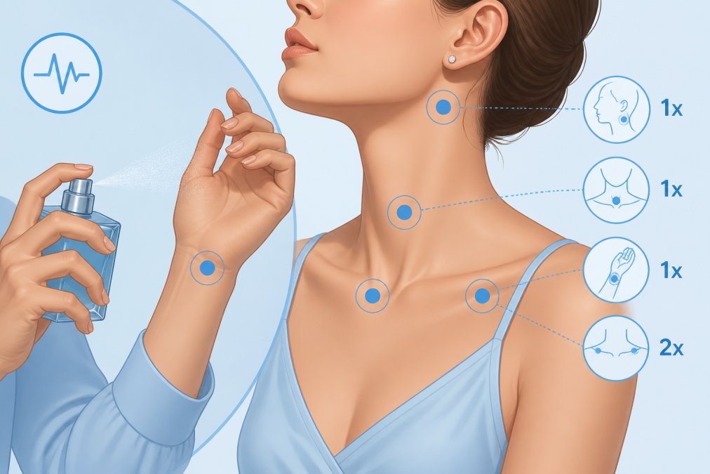 Close-up of a person's wrist and neck area showing proper pulse point application technique, with a fine fragrance mist in mid-spray against natural daylight, capturing the moment of application on warm skin