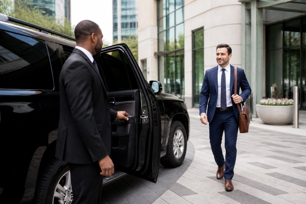 A professionally dressed chauffeur standing beside a black SUV, opening the rear passenger door for a business executive outside a modern office building in Charlotte