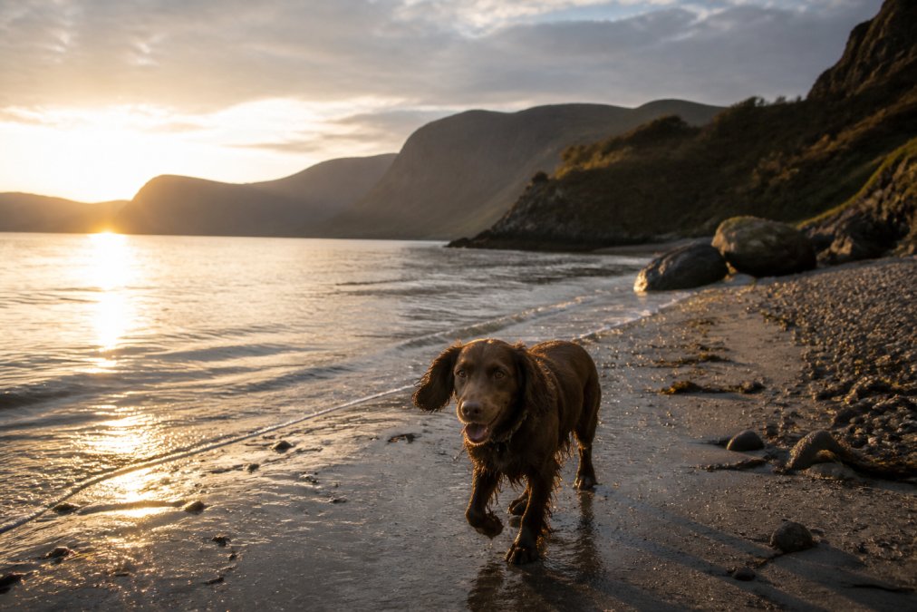 A dog enjoying a coastal walk on a Scottish beach at sunset, with loch views and rugged cliffs in the background
