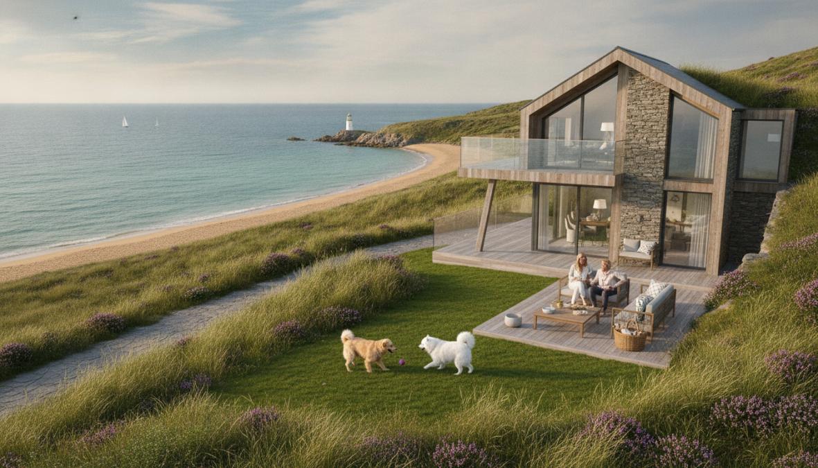 Professional illustration showing golden and retriever and relaxing concepts for luxury pet friendly cottages with sea views
