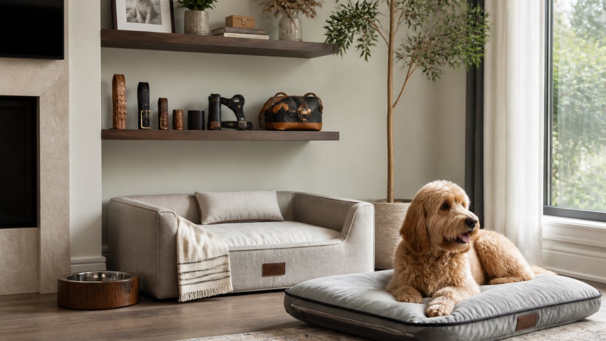 Elegantly decorated living room with a designer dog bed in neutral tones, premium pet accessories displayed on floating shelves, and a golden doodle resting peacefully on a plush cushion near natural window light