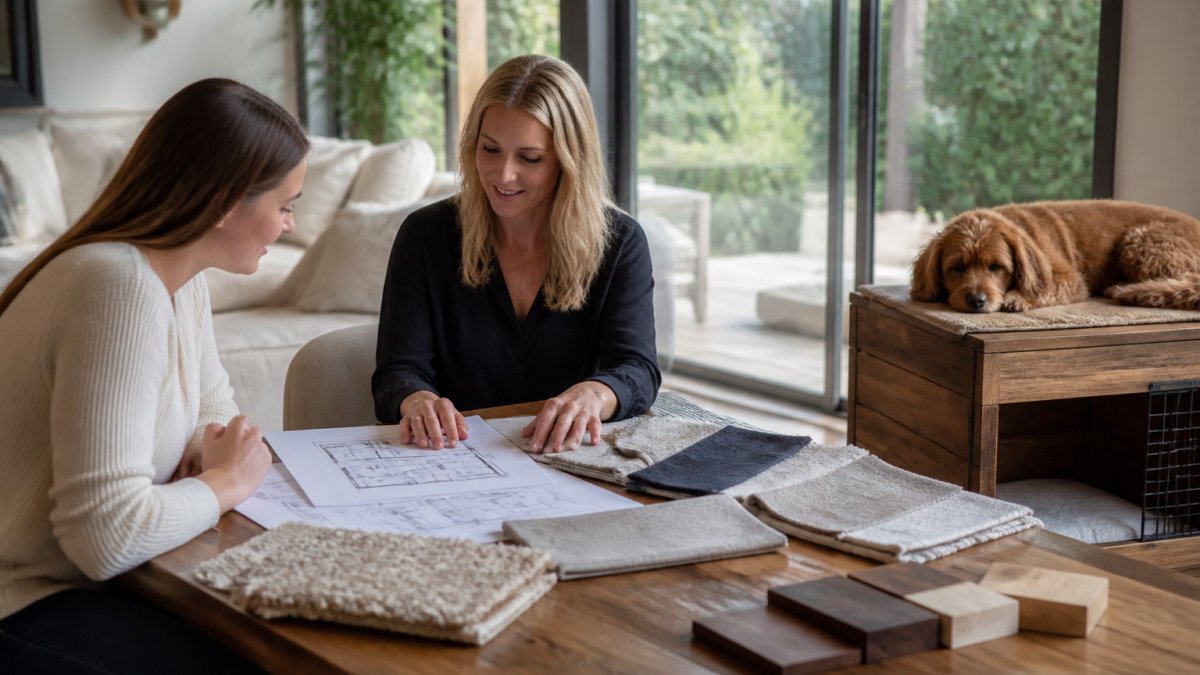 A designer and homeowner seated at a dining table reviewing fabric swatches and floor plan sketches for a pet-friendly room, with a dog resting on a custom wooden crate that doubles as an end table, warm afternoon light through a window
