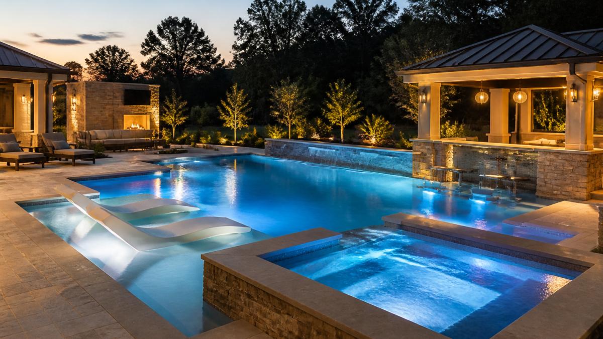 A luxurious backyard at dusk featuring a geometric pool with an integrated spa, a Baja shelf with loungers, and a swim-up bar, surrounded by modern landscaping and warm outdoor lighting on a stone deck