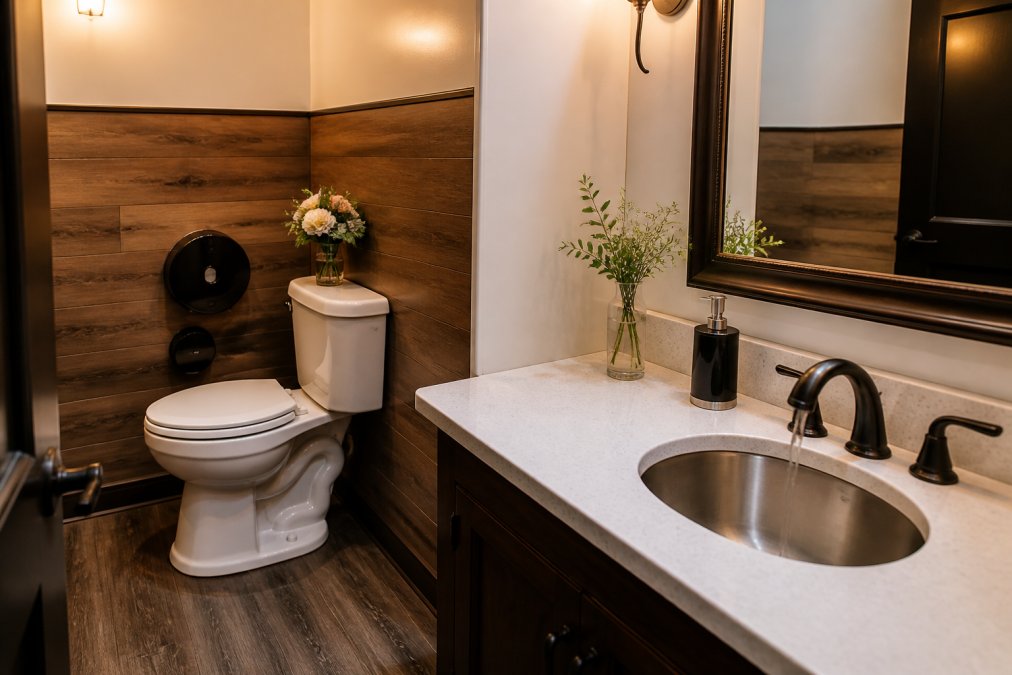 Interior of a luxury restroom trailer at an upscale outdoor wedding, showing a porcelain flushing toilet, vanity with running water sink, framed mirror, and soft ambient lighting against wood-paneled walls