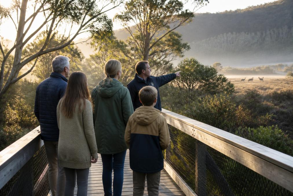 A multi-generational family enjoys luxury private tours while exploring the Tasmanian wilderness with a guide.