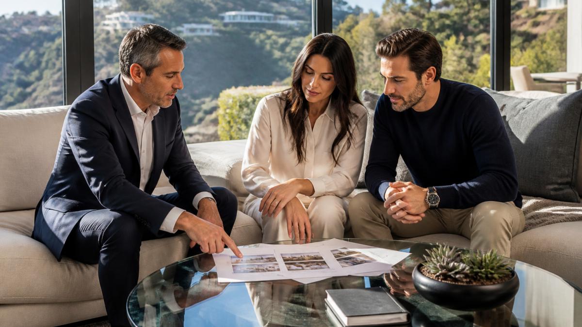 A real estate agent and a well-dressed couple reviewing property documents at a glass table in a sunlit hillside living room with floor-to-ceiling windows overlooking a canyon